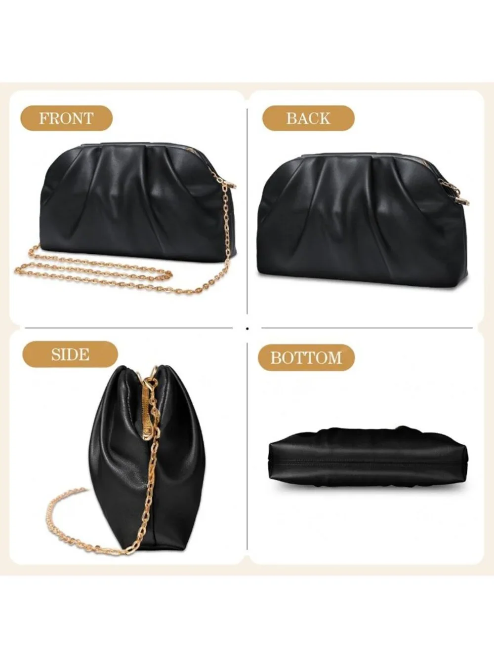 Women's Black Soft Pleated Pu Clutch Purse Elegant Evening Wedding Bag